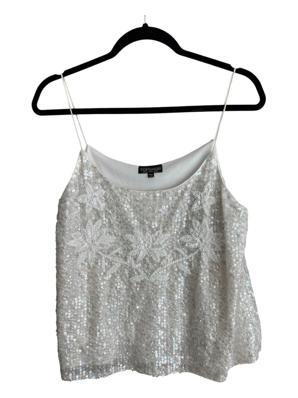 TOPSHOP Sz 10 Sequin Tank Top White Iridescent Floral Appliqué Spaghetti Strap